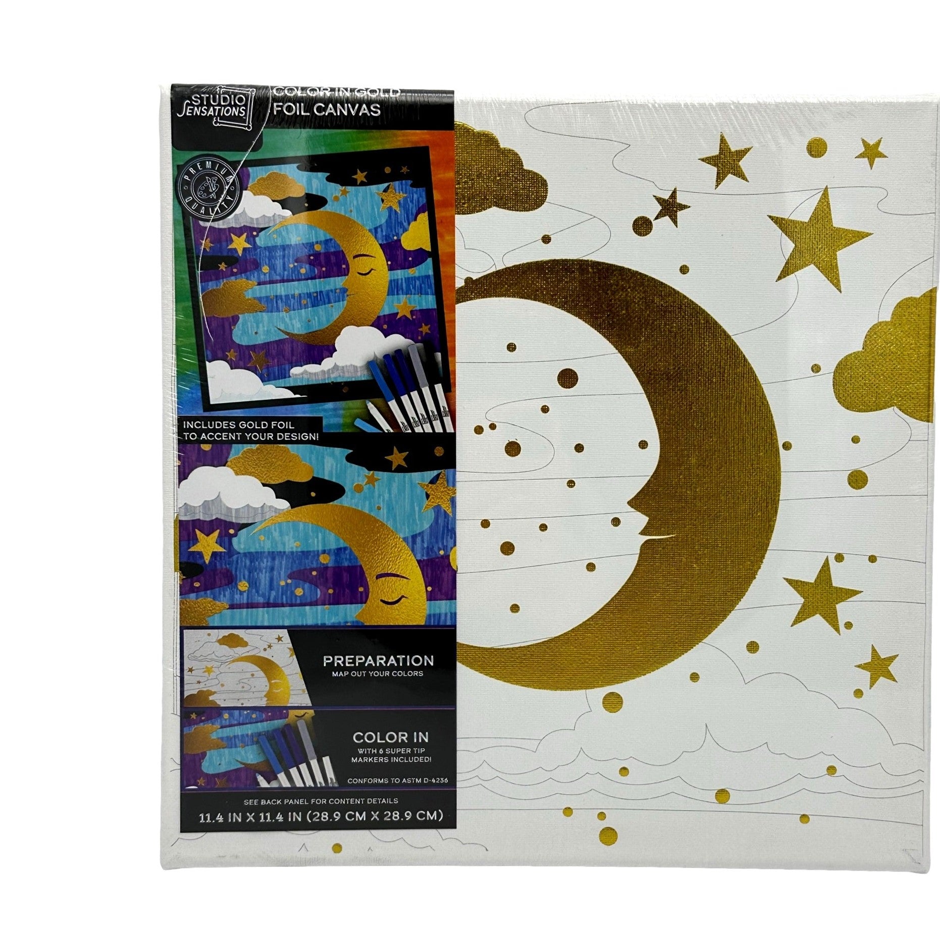 Color-in-gold foil canvas kit with a moon and stars design, includes markers.